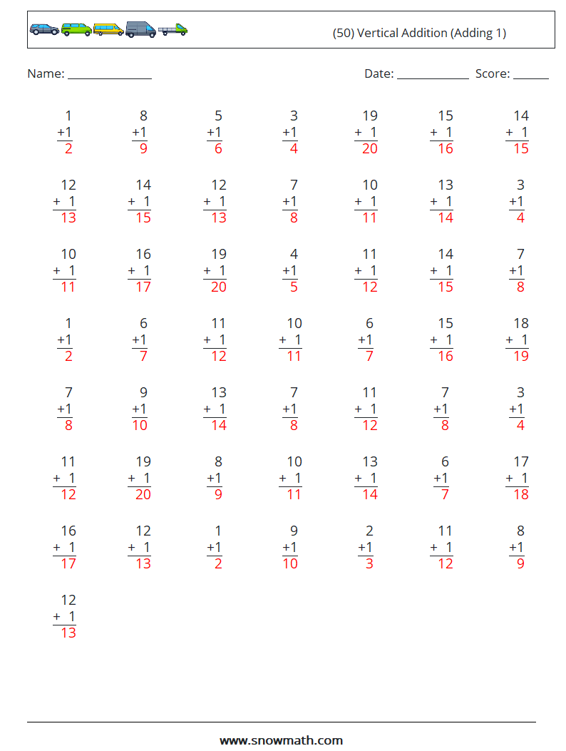 (50) Vertical  Addition (Adding 1) Maths Worksheets 8 Question, Answer