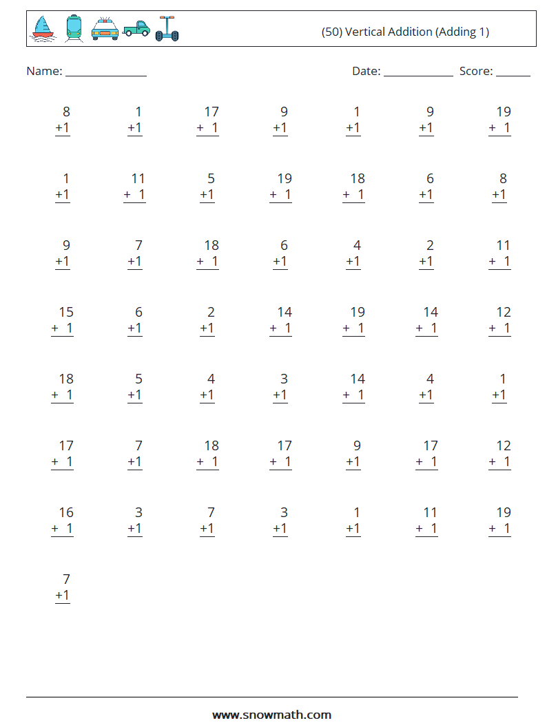 (50) Vertical  Addition (Adding 1) Maths Worksheets 9