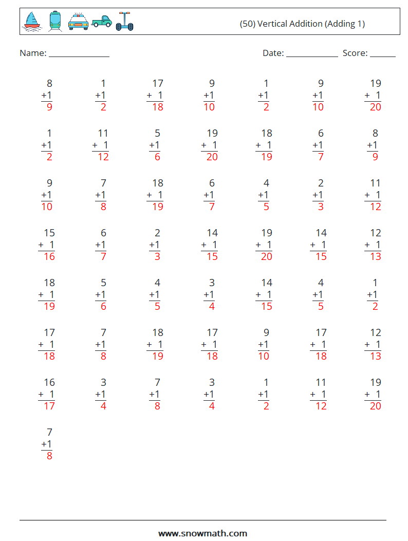 (50) Vertical  Addition (Adding 1) Maths Worksheets 9 Question, Answer