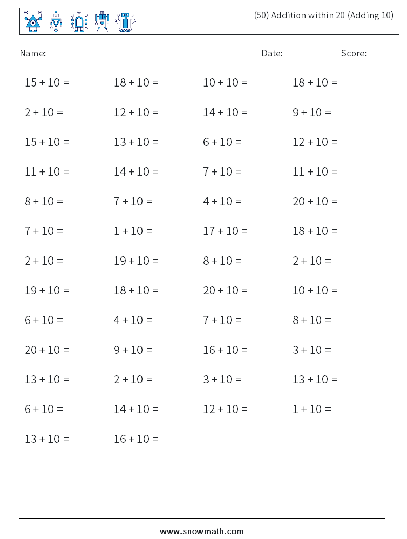 (50) Addition within 20 (Adding 10) Maths Worksheets 3