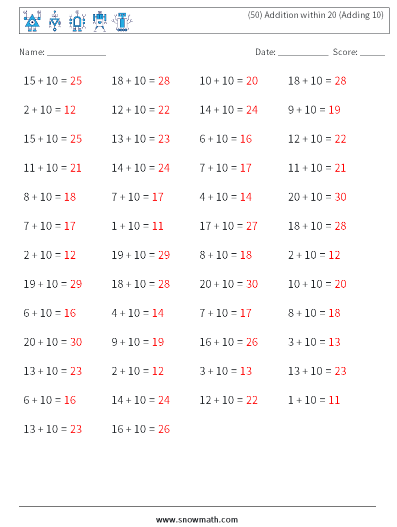 (50) Addition within 20 (Adding 10) Maths Worksheets 3 Question, Answer