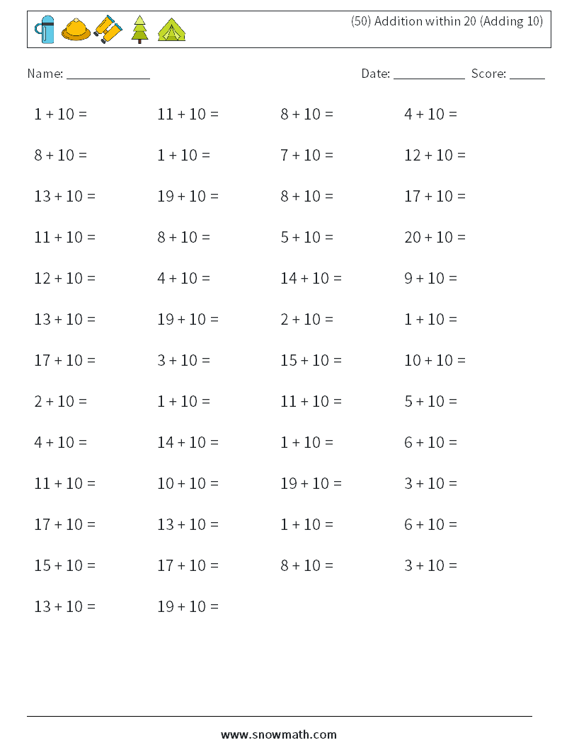 (50) Addition within 20 (Adding 10) Maths Worksheets 4