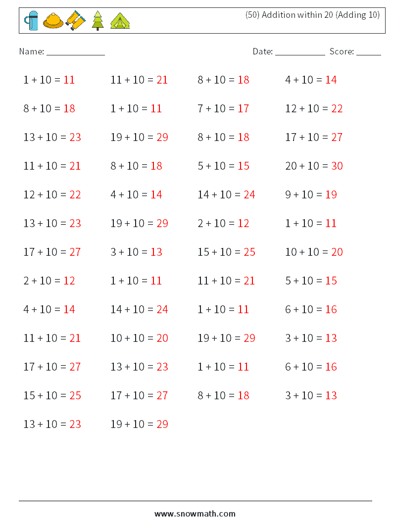 (50) Addition within 20 (Adding 10) Maths Worksheets 4 Question, Answer