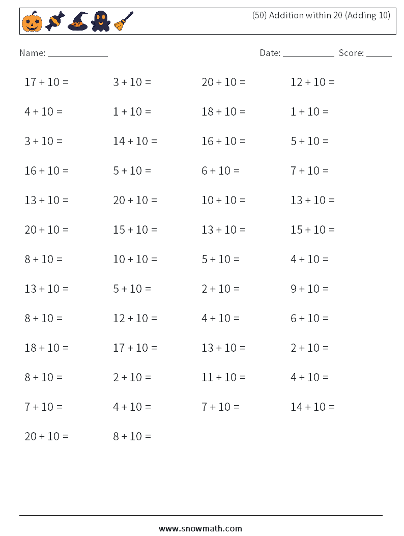 (50) Addition within 20 (Adding 10) Maths Worksheets 7