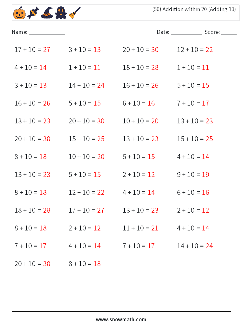 (50) Addition within 20 (Adding 10) Maths Worksheets 7 Question, Answer