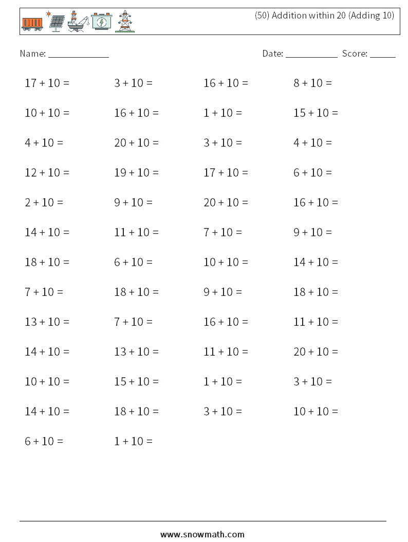 (50) Addition within 20 (Adding 10) Maths Worksheets 8