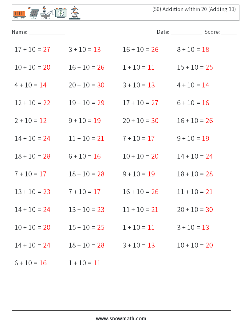 (50) Addition within 20 (Adding 10) Maths Worksheets 8 Question, Answer