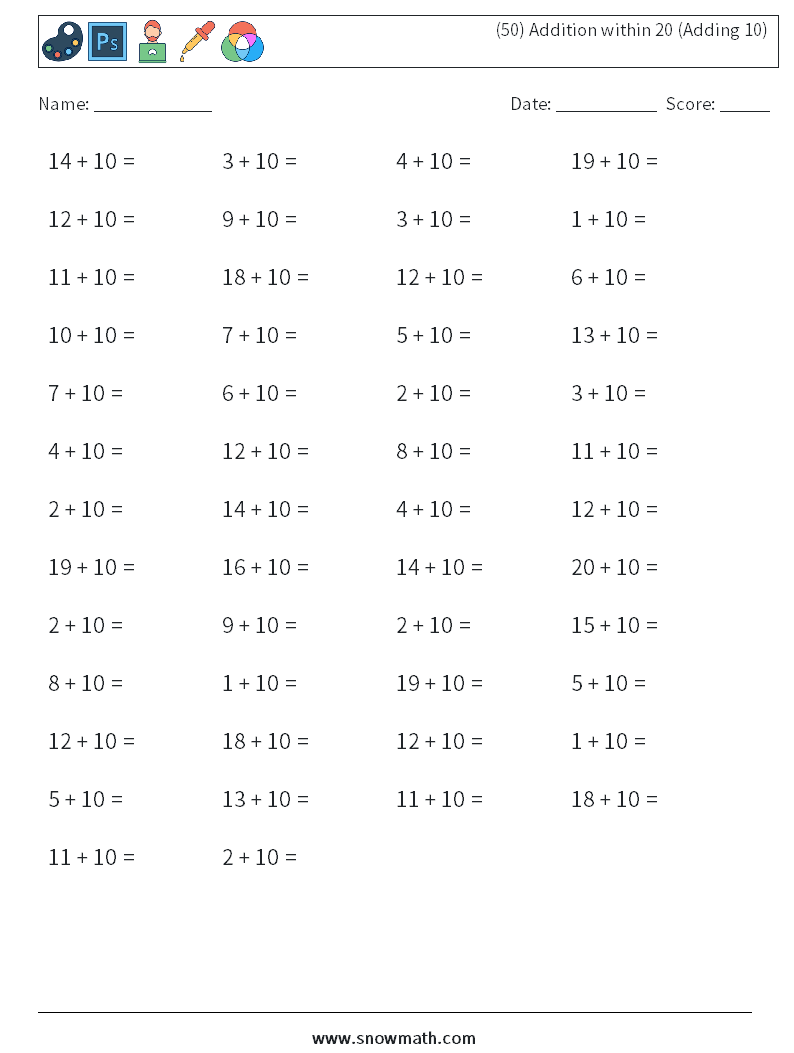 (50) Addition within 20 (Adding 10) Maths Worksheets 9