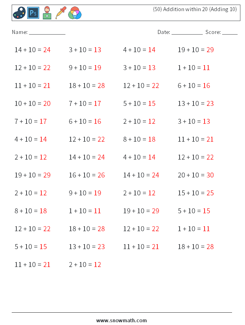 (50) Addition within 20 (Adding 10) Maths Worksheets 9 Question, Answer