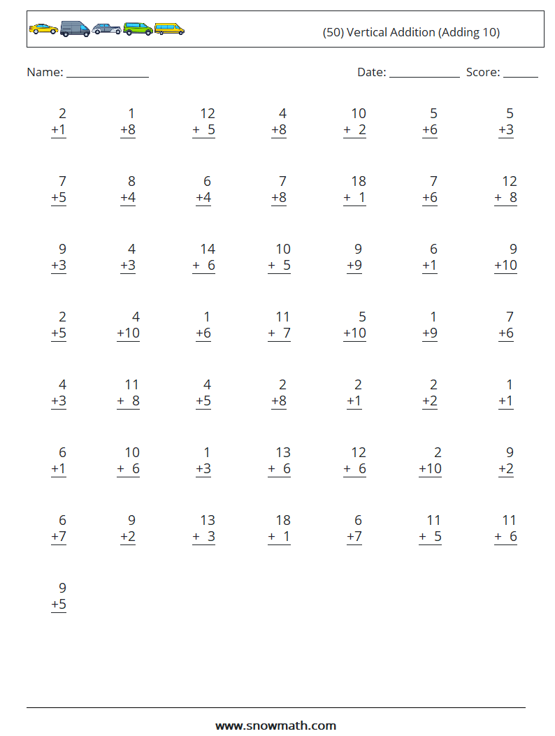 (50) Vertical  Addition (Adding 10) Maths Worksheets 10