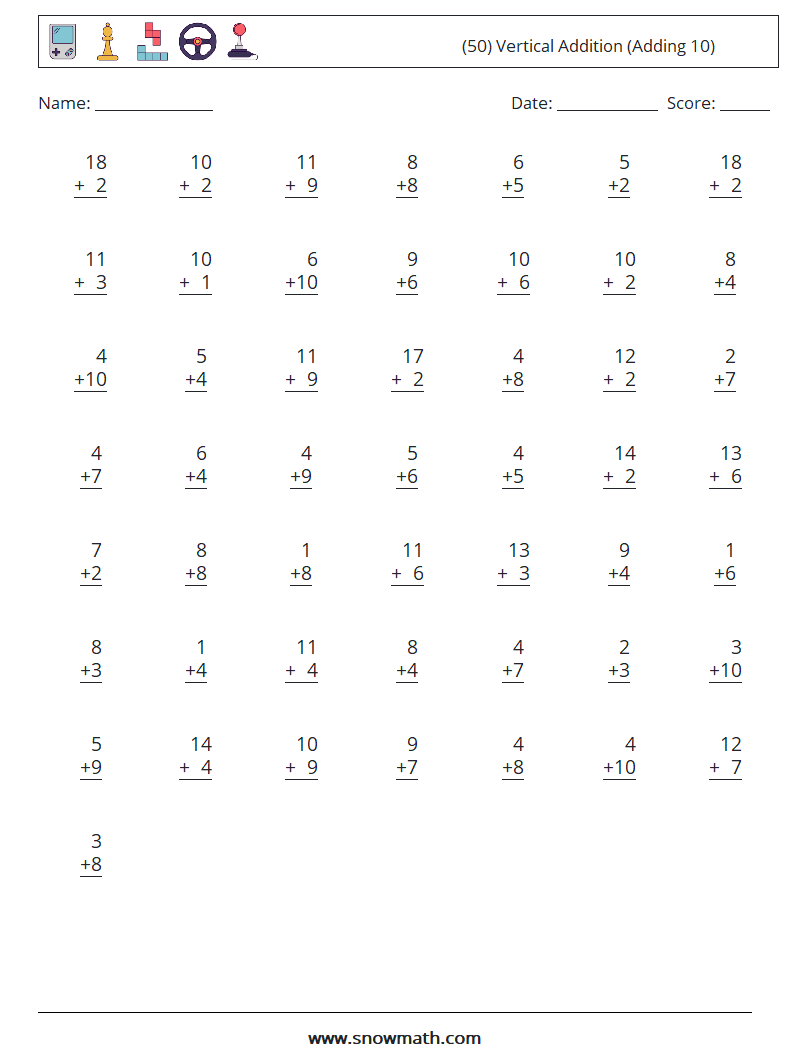 (50) Vertical  Addition (Adding 10) Maths Worksheets 11