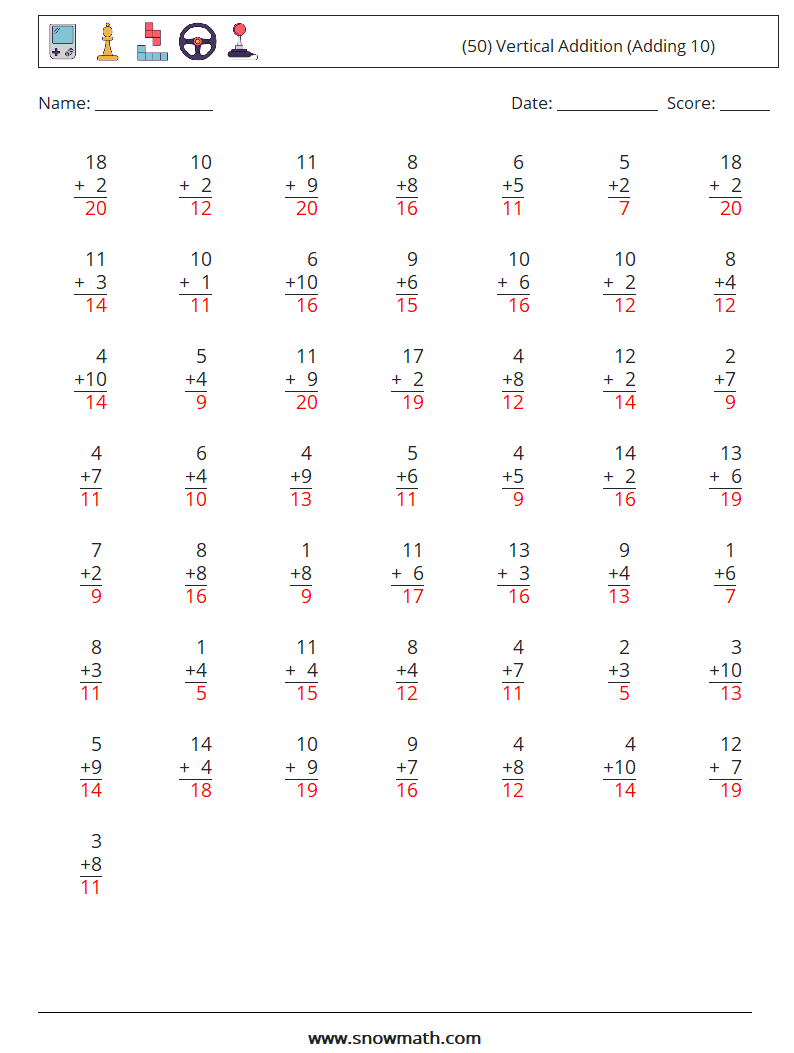 (50) Vertical  Addition (Adding 10) Maths Worksheets 11 Question, Answer