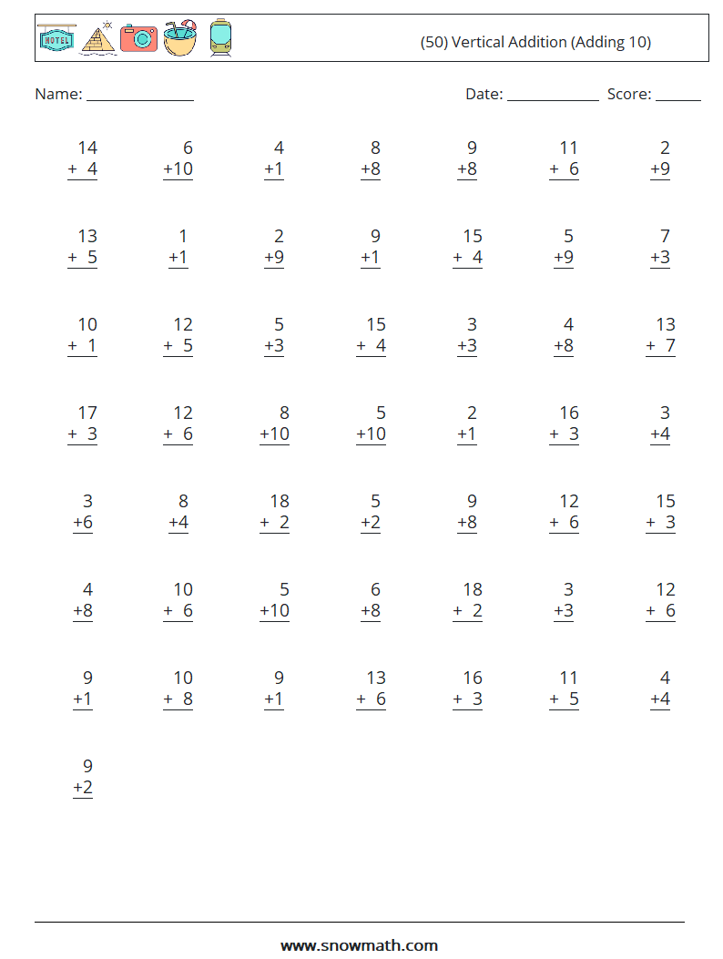 (50) Vertical  Addition (Adding 10) Maths Worksheets 14