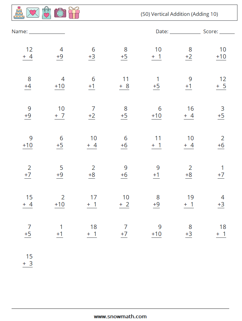 (50) Vertical  Addition (Adding 10) Maths Worksheets 15