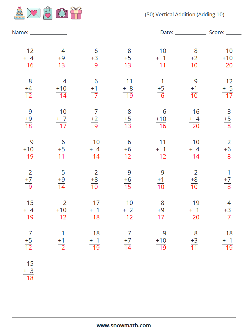 (50) Vertical  Addition (Adding 10) Maths Worksheets 15 Question, Answer