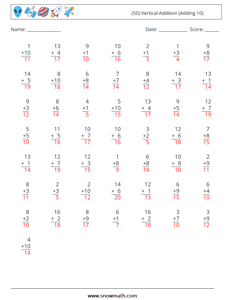 (50) Vertical  Addition (Adding 10) Maths Worksheets 17 Question, Answer