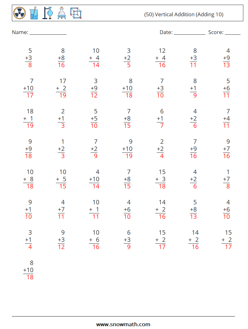 (50) Vertical  Addition (Adding 10) Maths Worksheets 1 Question, Answer