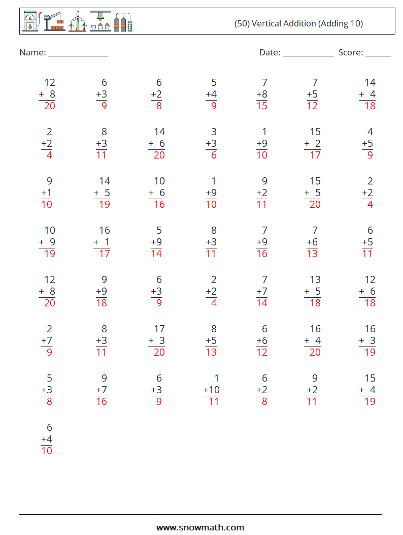 (50) Vertical  Addition (Adding 10) Maths Worksheets 2 Question, Answer