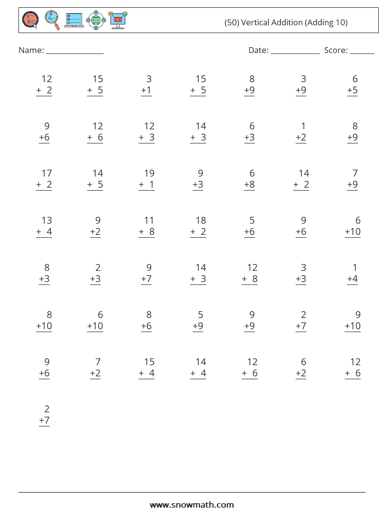 (50) Vertical  Addition (Adding 10) Maths Worksheets 3