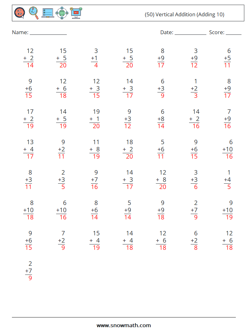 (50) Vertical  Addition (Adding 10) Maths Worksheets 3 Question, Answer