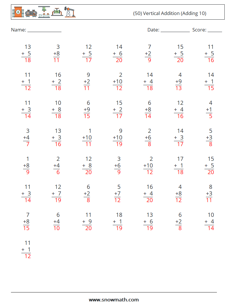 (50) Vertical  Addition (Adding 10) Maths Worksheets 4 Question, Answer