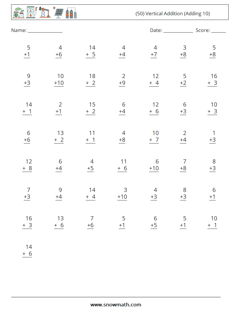 (50) Vertical  Addition (Adding 10) Maths Worksheets 5