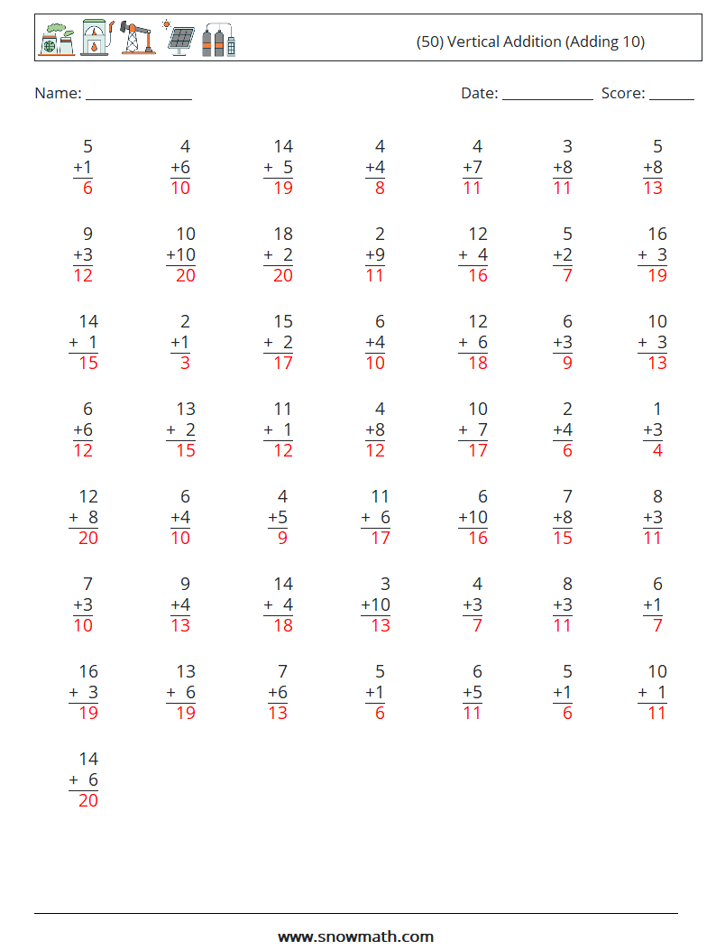 (50) Vertical  Addition (Adding 10) Maths Worksheets 5 Question, Answer