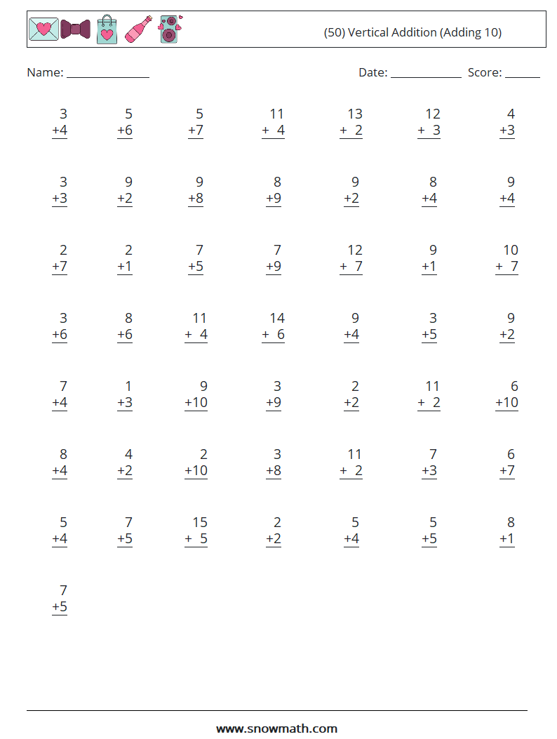(50) Vertical  Addition (Adding 10) Maths Worksheets 6