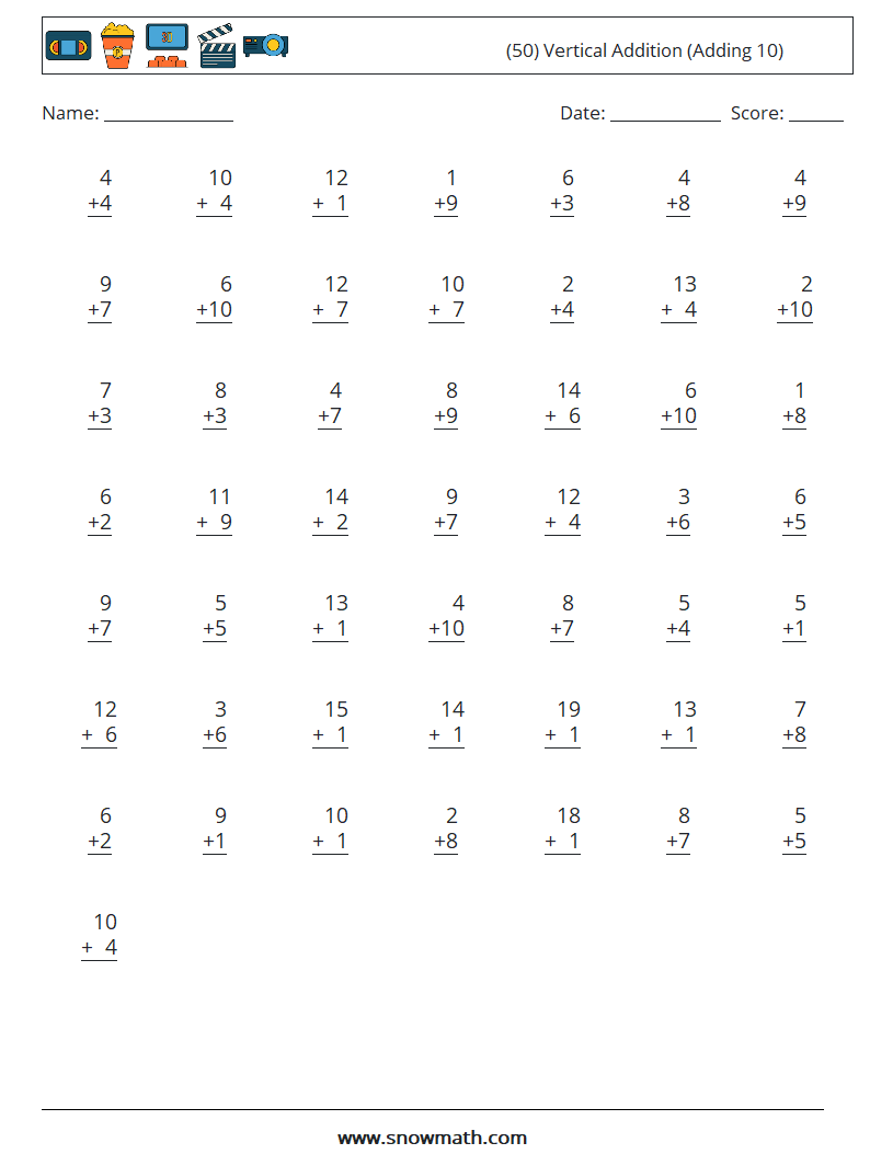 (50) Vertical  Addition (Adding 10) Maths Worksheets 7