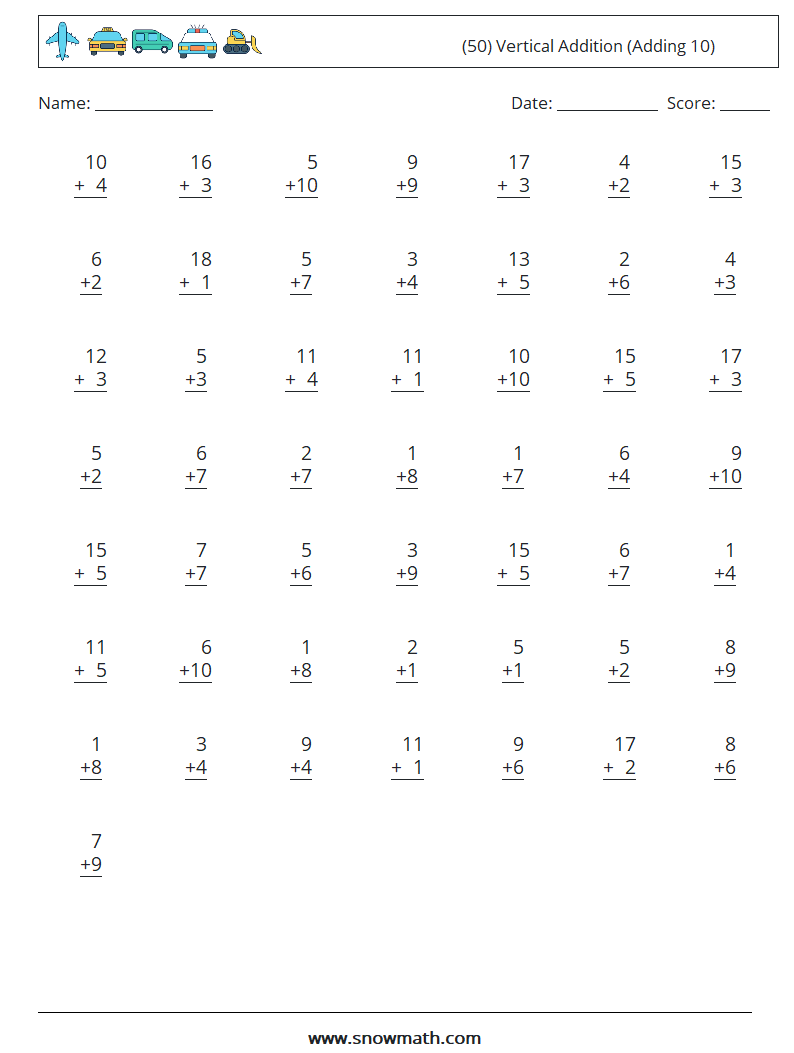 (50) Vertical  Addition (Adding 10) Maths Worksheets 8