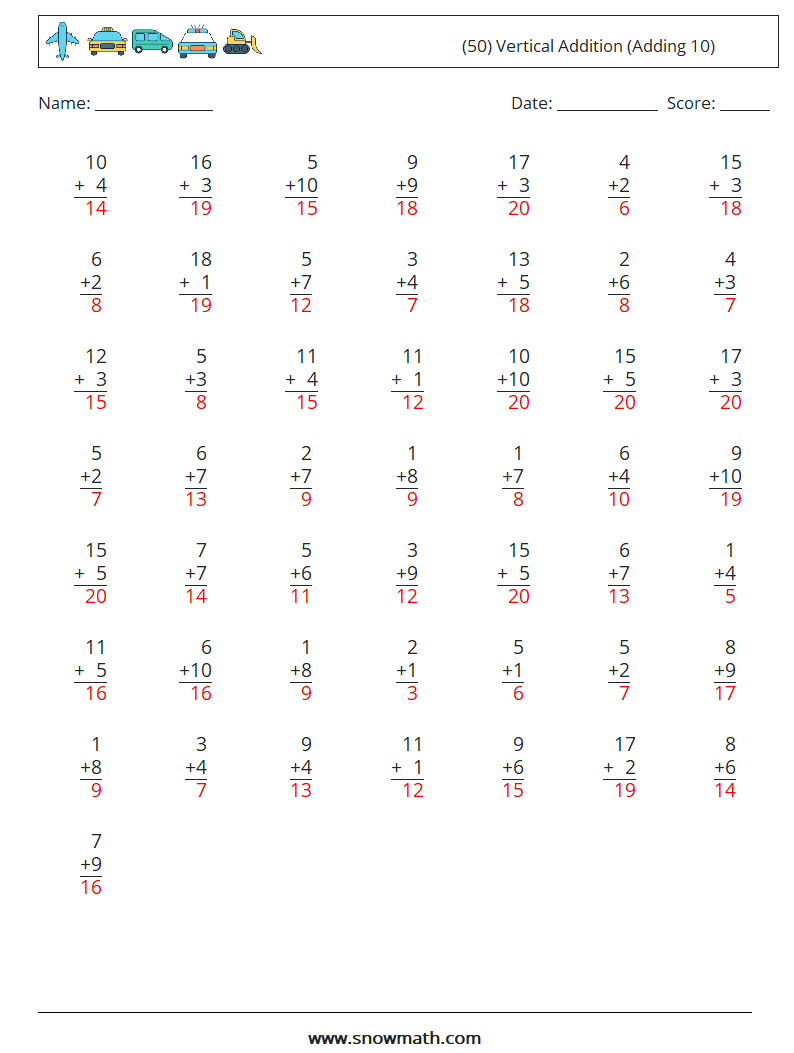 (50) Vertical  Addition (Adding 10) Maths Worksheets 8 Question, Answer