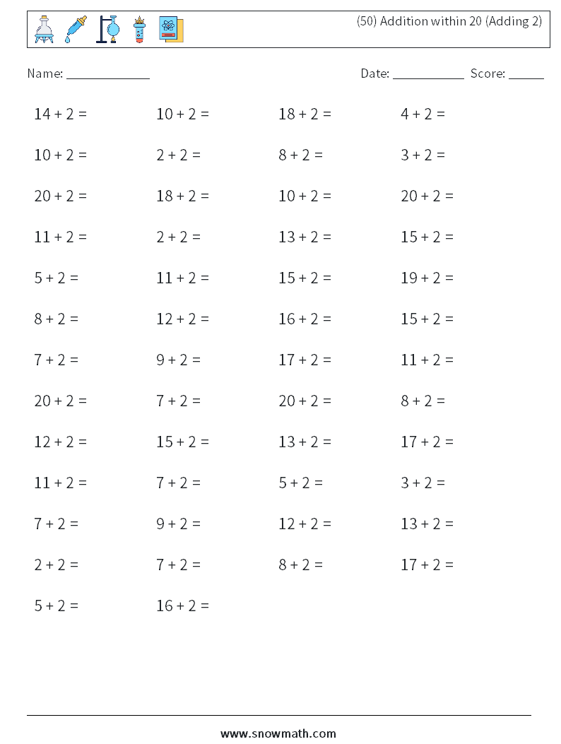 (50) Addition within 20 (Adding 2) Maths Worksheets 2