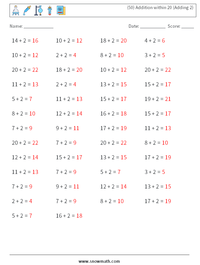 (50) Addition within 20 (Adding 2) Maths Worksheets 2 Question, Answer