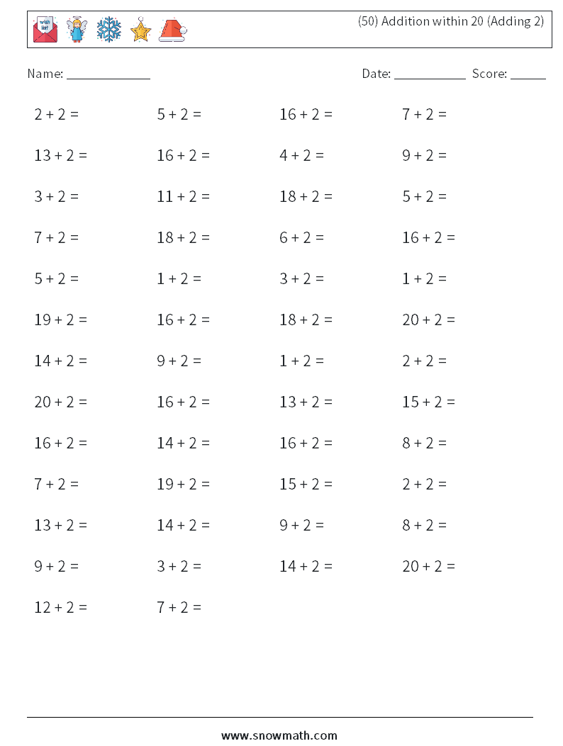 (50) Addition within 20 (Adding 2) Maths Worksheets 3