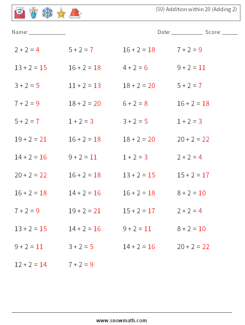(50) Addition within 20 (Adding 2) Maths Worksheets 3 Question, Answer