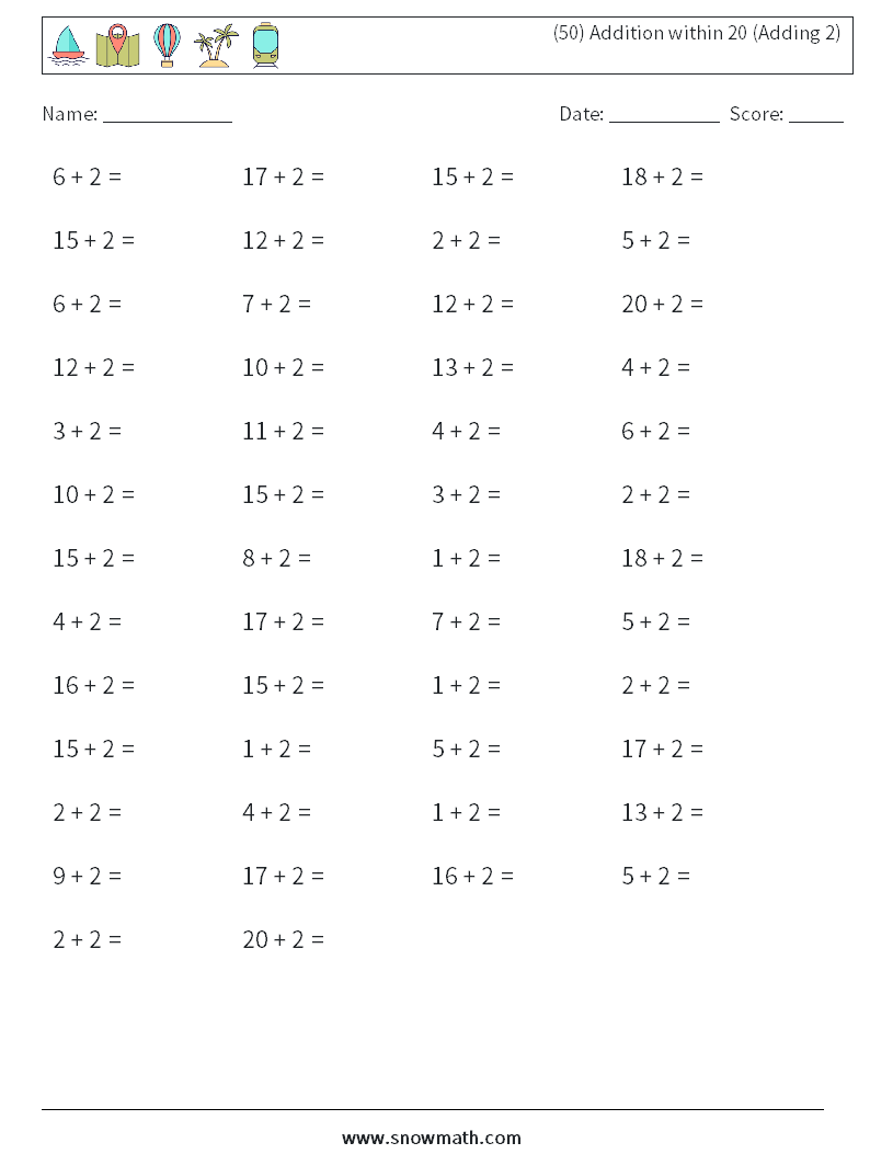 (50) Addition within 20 (Adding 2) Maths Worksheets 4