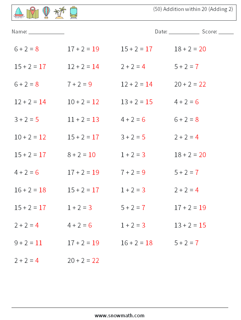 (50) Addition within 20 (Adding 2) Maths Worksheets 4 Question, Answer