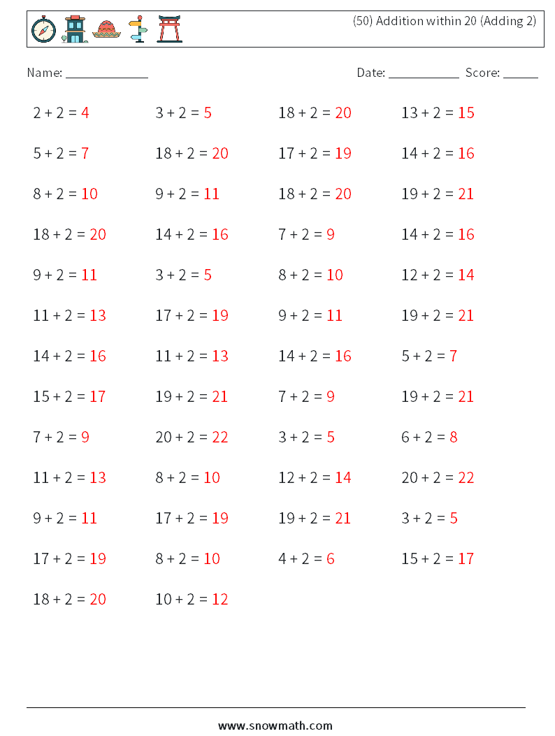 (50) Addition within 20 (Adding 2) Maths Worksheets 5 Question, Answer