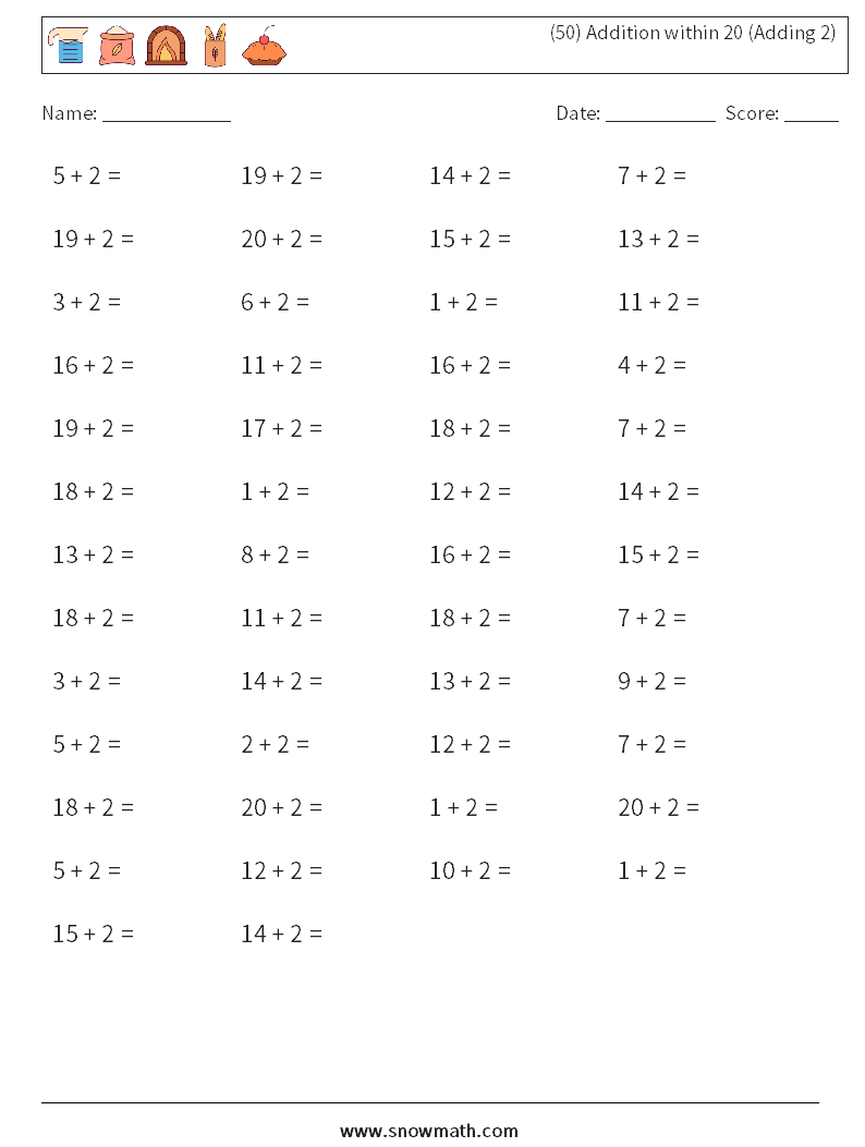 (50) Addition within 20 (Adding 2) Maths Worksheets 6