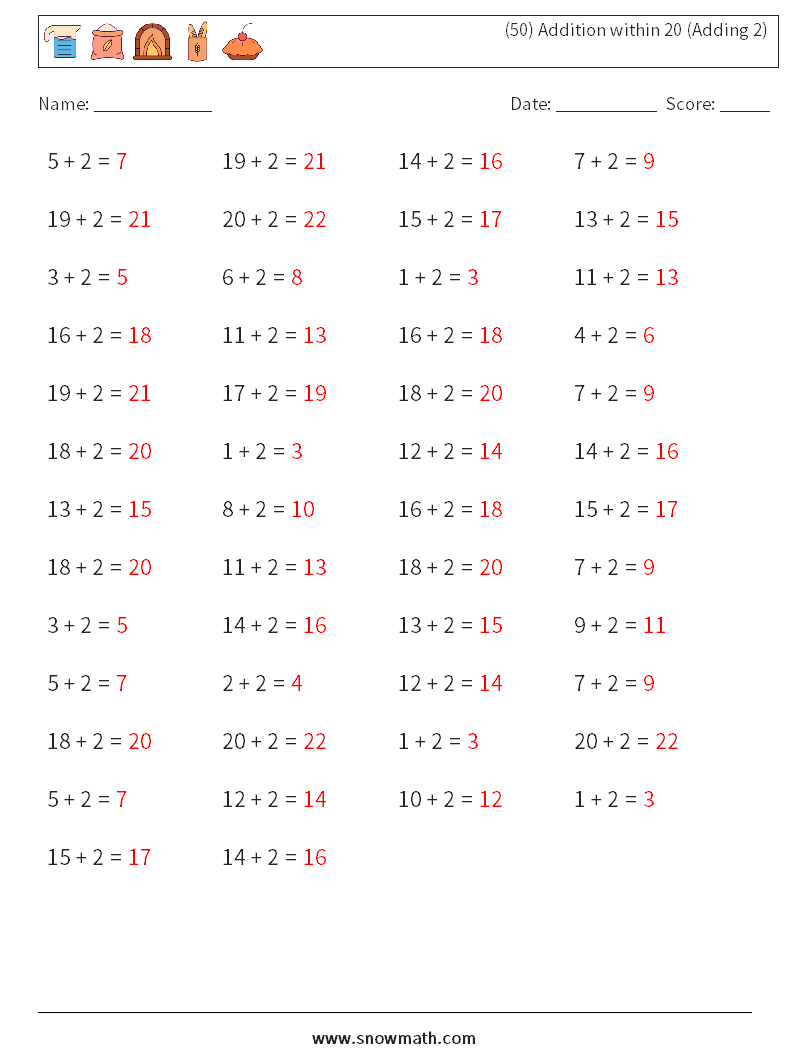 (50) Addition within 20 (Adding 2) Maths Worksheets 6 Question, Answer