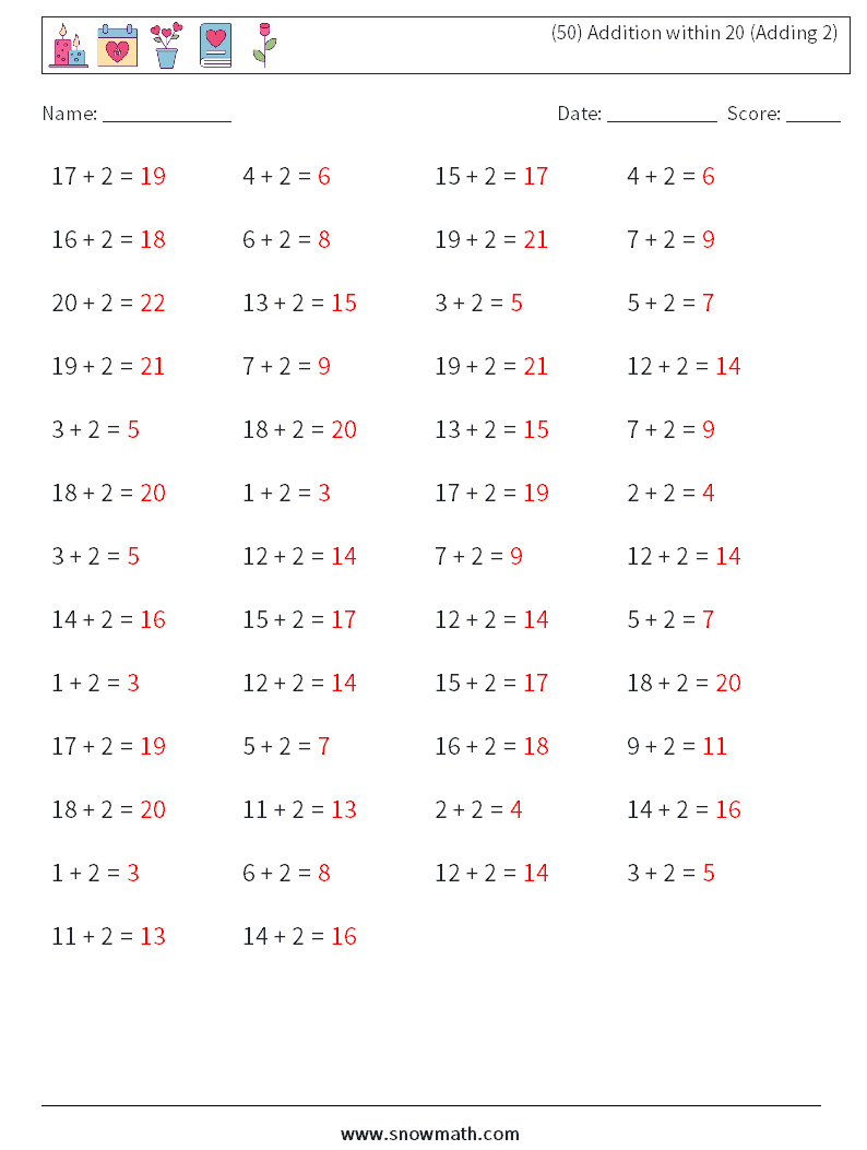 (50) Addition within 20 (Adding 2) Maths Worksheets 7 Question, Answer