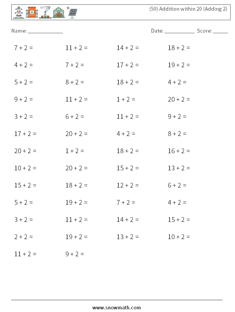 (50) Addition within 20 (Adding 2) Maths Worksheets 8
