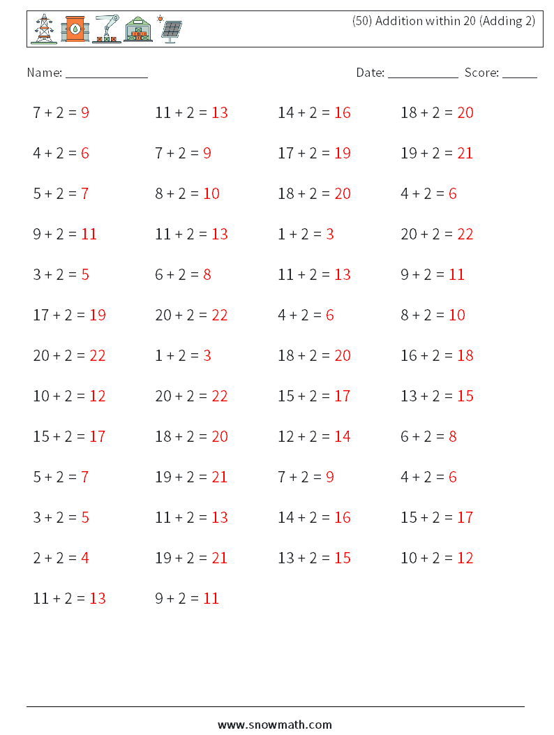 (50) Addition within 20 (Adding 2) Maths Worksheets 8 Question, Answer