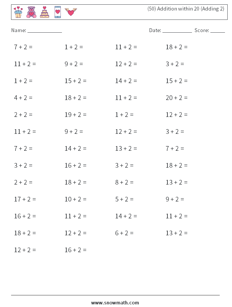 (50) Addition within 20 (Adding 2) Maths Worksheets 9