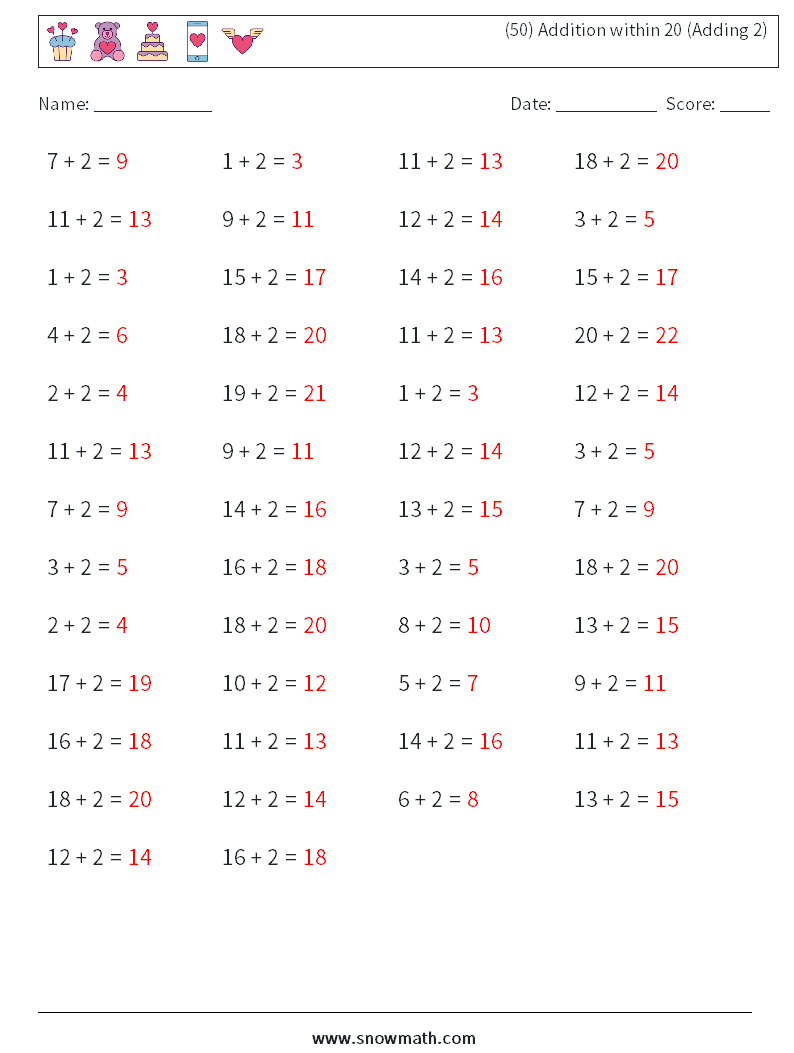 (50) Addition within 20 (Adding 2) Maths Worksheets 9 Question, Answer