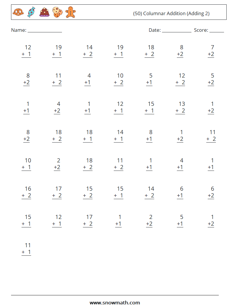 (50) Columnar Addition (Adding 2) Maths Worksheets 1