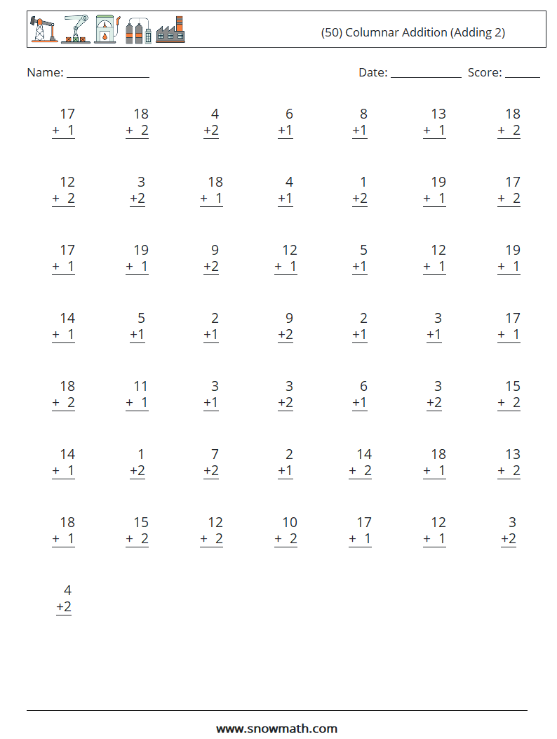 (50) Columnar Addition (Adding 2) Maths Worksheets 10