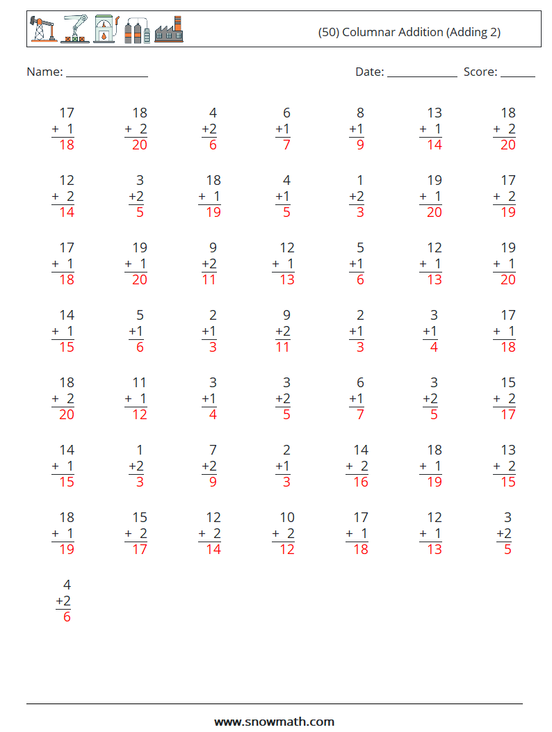 (50) Columnar Addition (Adding 2) Maths Worksheets 10 Question, Answer