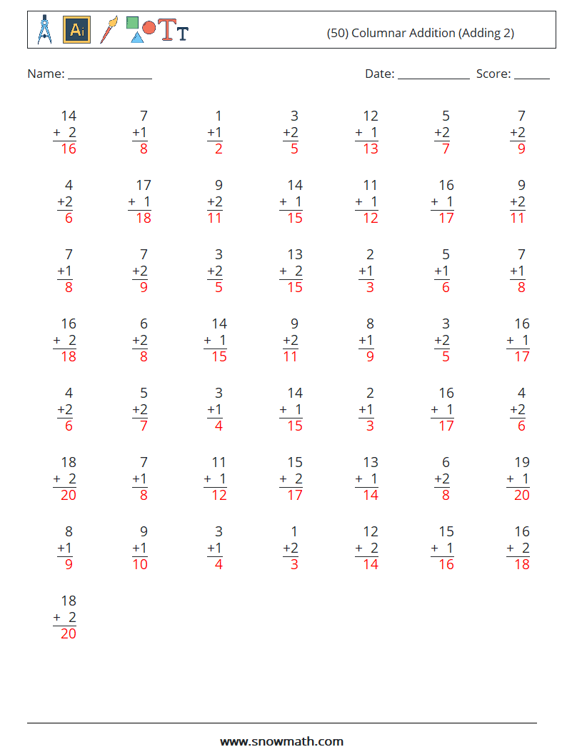 (50) Columnar Addition (Adding 2) Maths Worksheets 11 Question, Answer