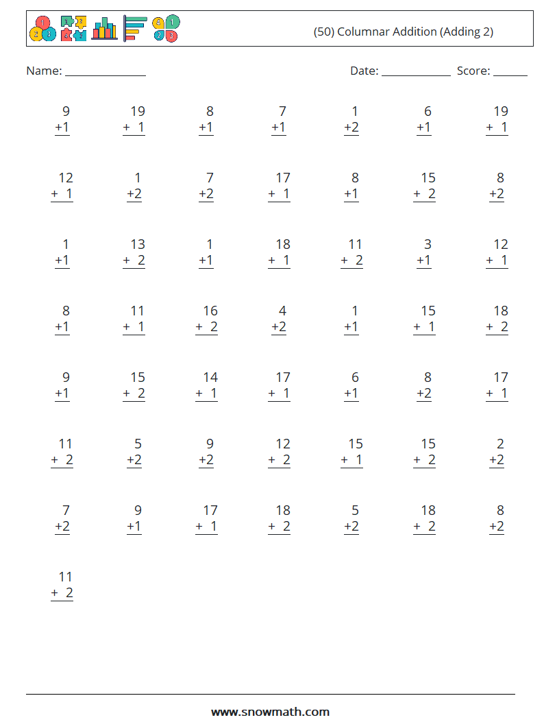 (50) Columnar Addition (Adding 2) Maths Worksheets 12